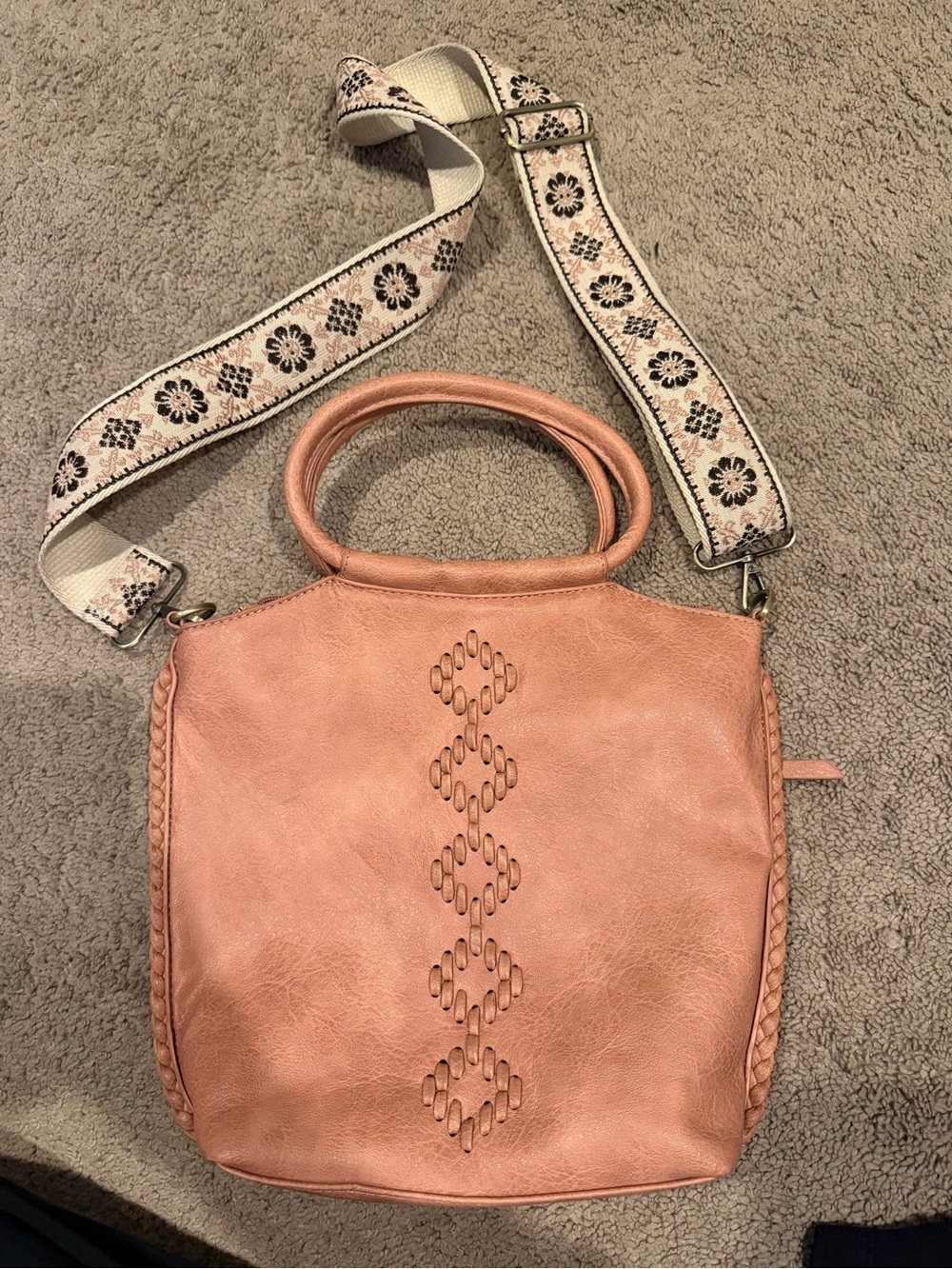 Peach Shoulder Bag with Embroidered Strap